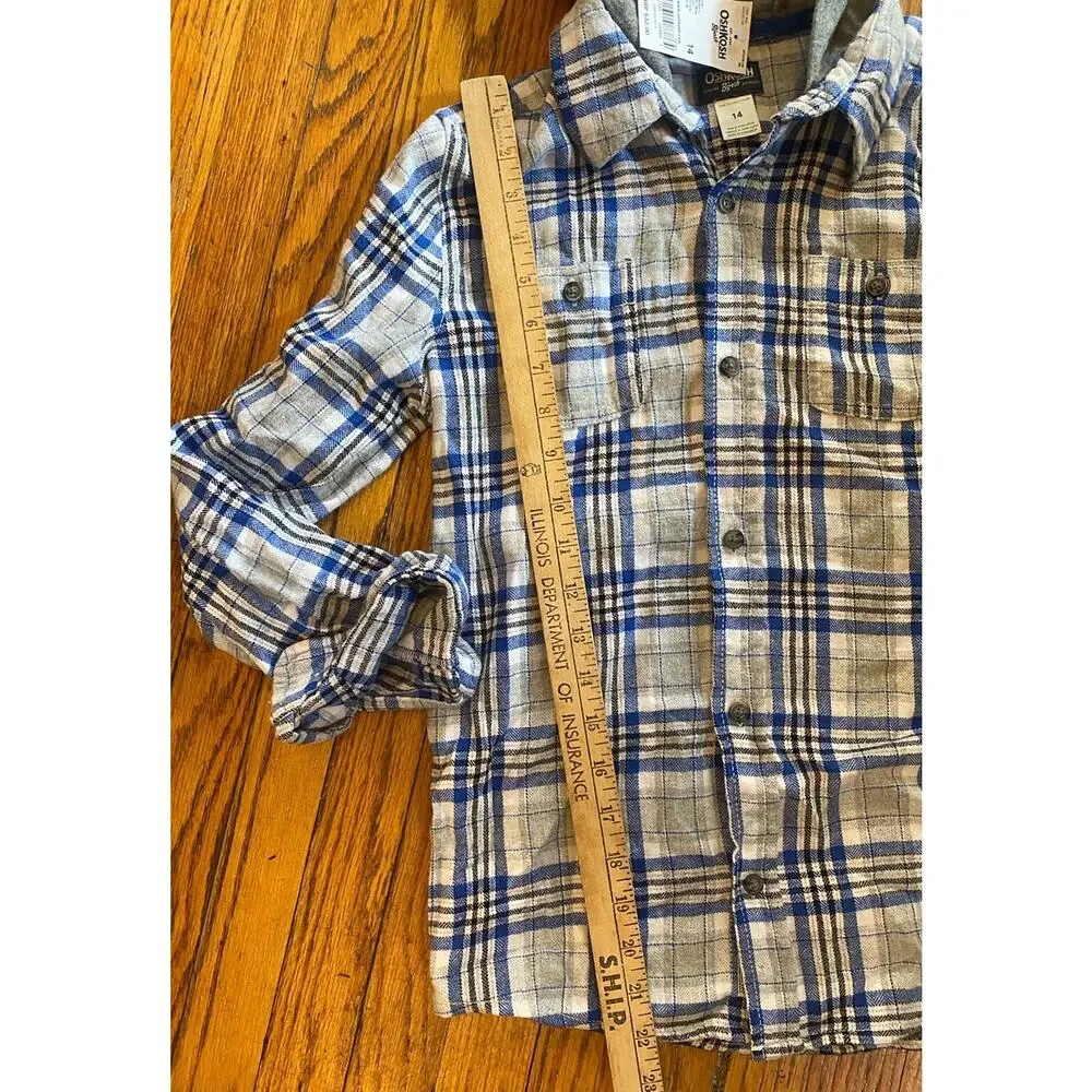 NWT Oshkosh Boys Flannel Hoodie Shirt Sz 14 $32 Blue Gray